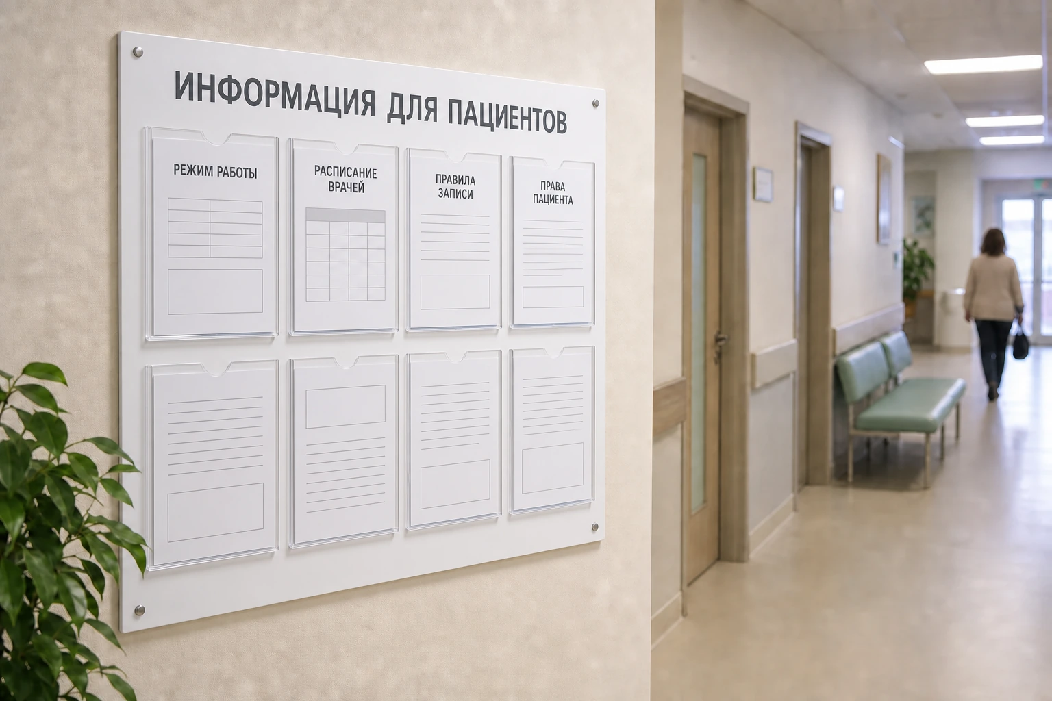 Стенд «Информация для пациентов» с расписанием и памятками в коридоре клиники; для заказа в Обнинске