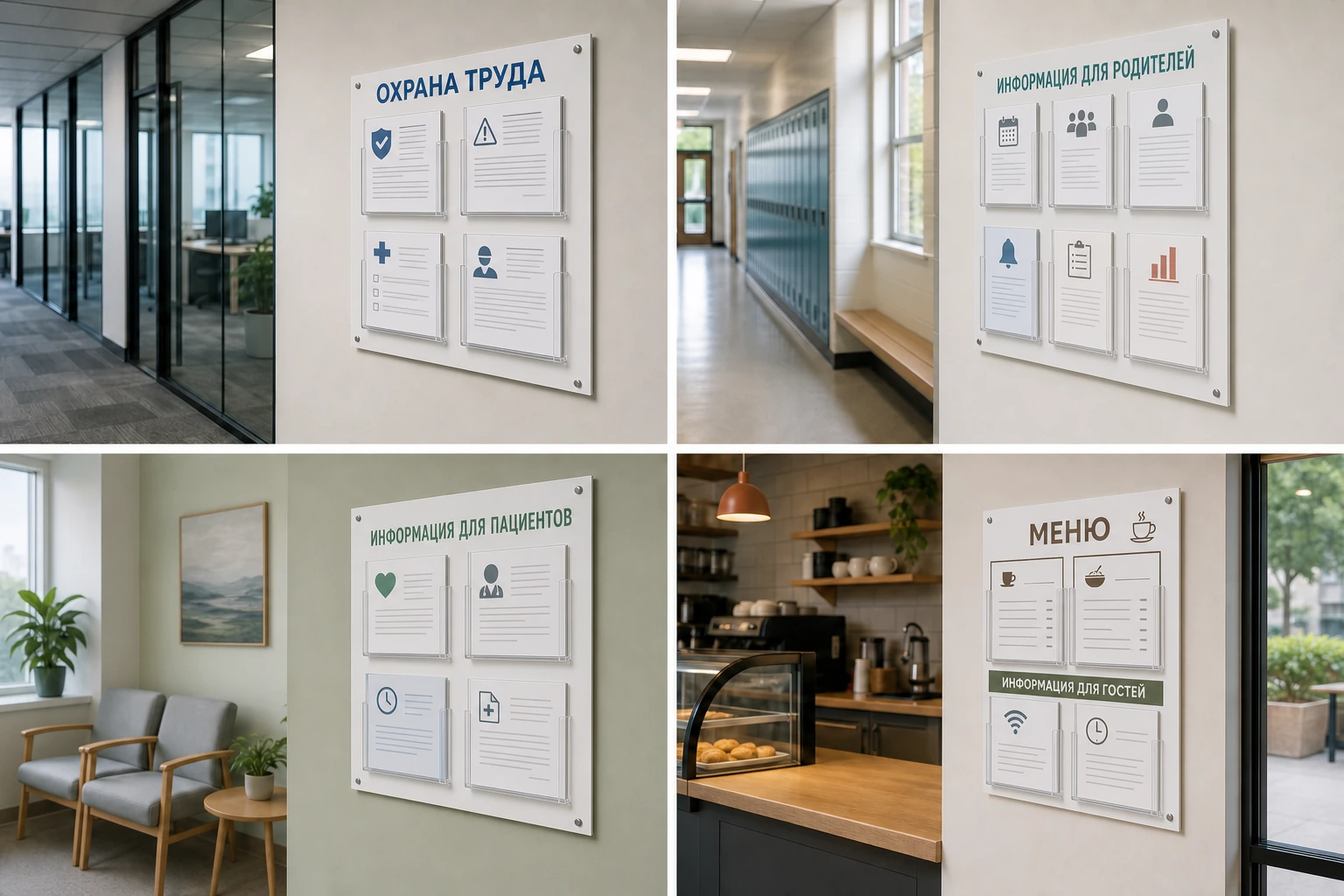 Стенды «Охрана труда», «Информация для родителей», «Информация для пациентов» и «Меню»; для заказа в Обнинске