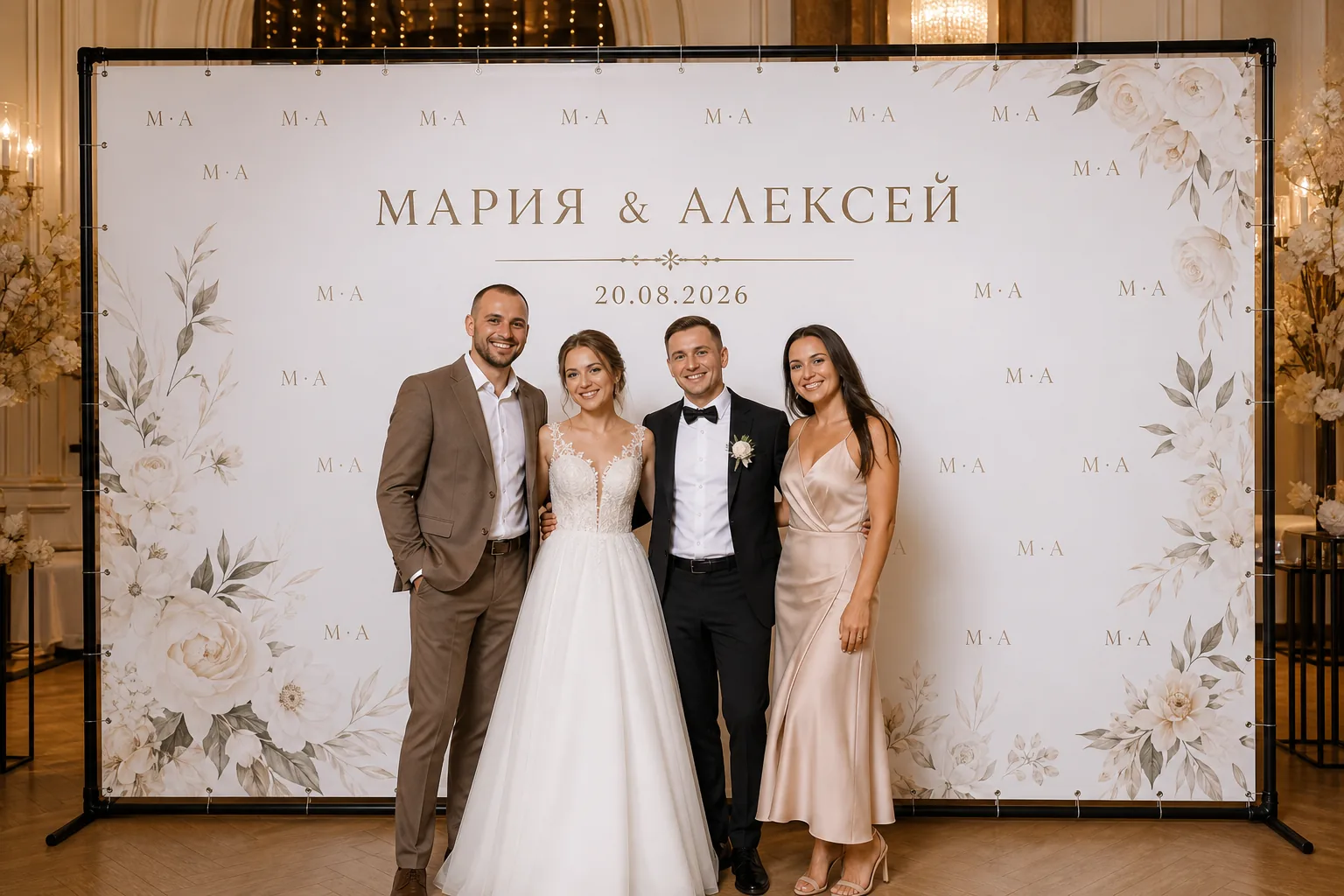 Гости у прямоугольного свадебного Press Wall; для заказа в Обнинске