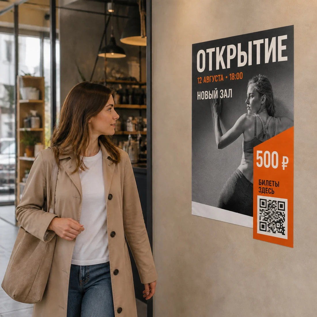 Прохожая замечает бумажный плакат с событием, датой, ценой и QR-кодом; для заказа в Обнинске