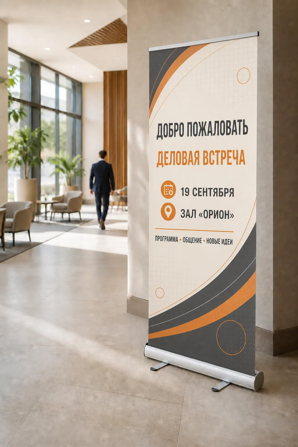 образец смежной услуги, кадр 1: Roll-up стенды; Roll-up с насыщенным русским макетом в лобби делового центра — ПЕЧАТЬ32, заказ с получением в Обнинске, «Штендеры»