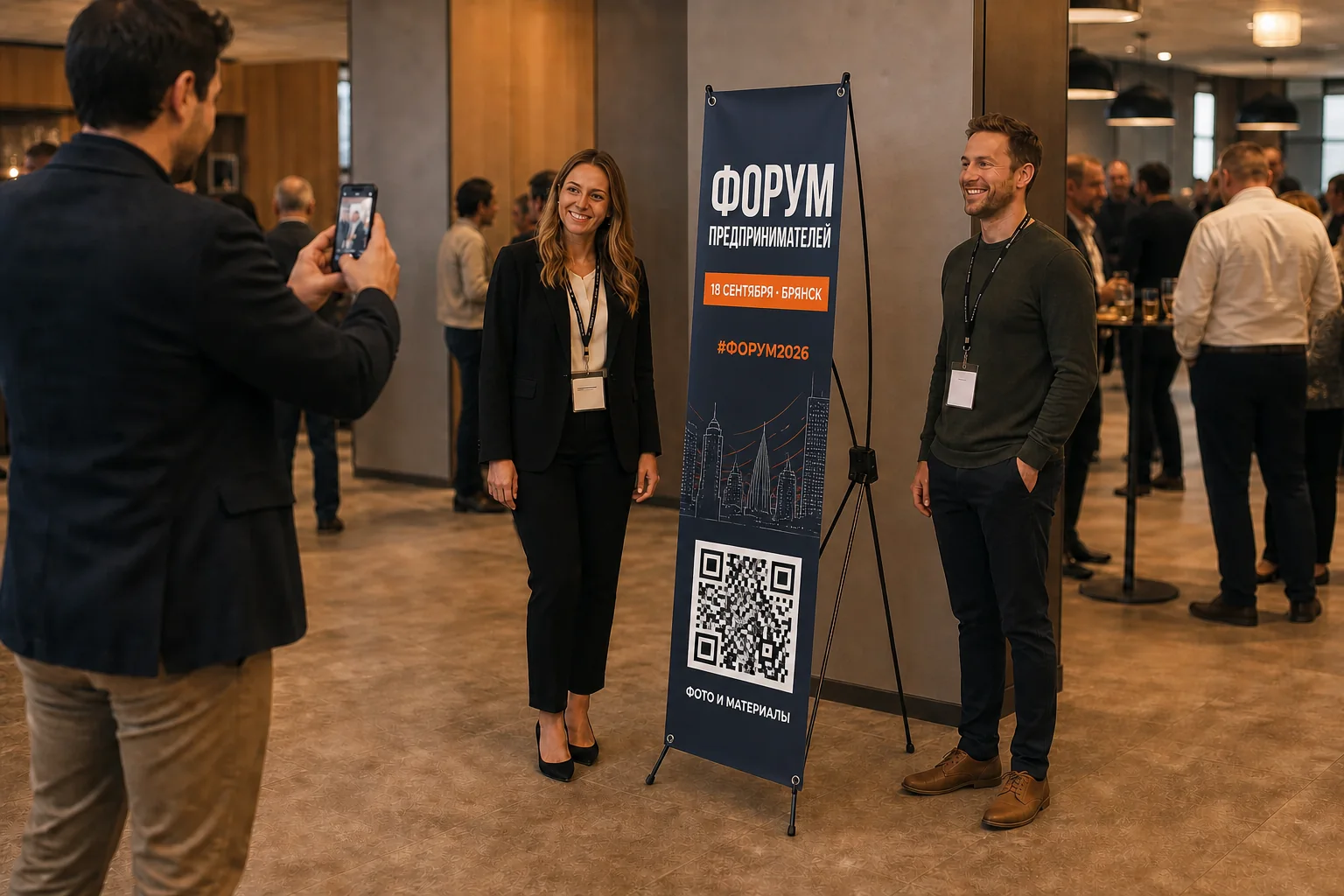 Участники фотографируются рядом со стендом паук с названием, датой и QR-кодом форума; для заказа в Обнинске