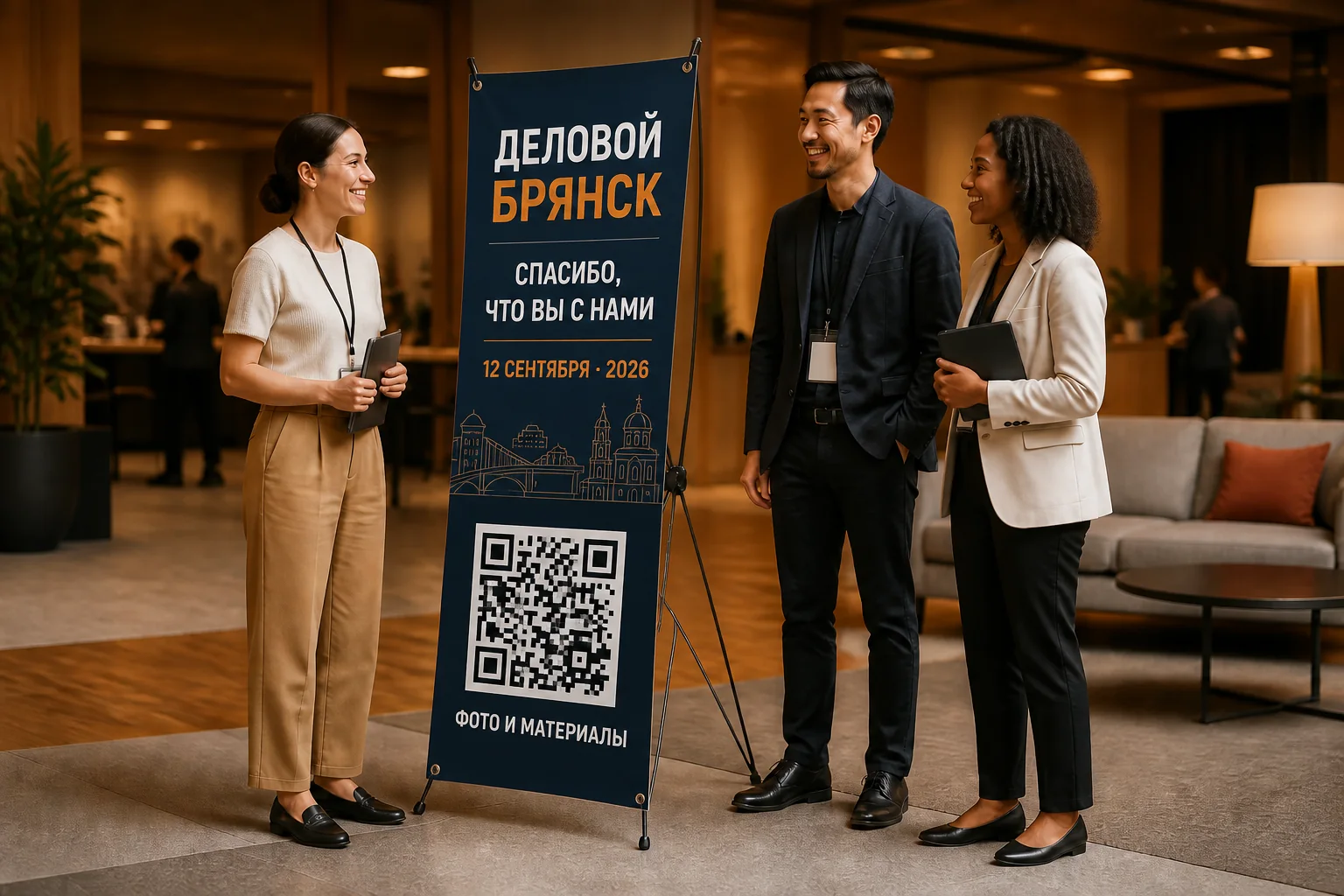 Гости делового мероприятия рядом со стендом паук с датой и QR-кодом для программы и материалов; для заказа в Обнинске