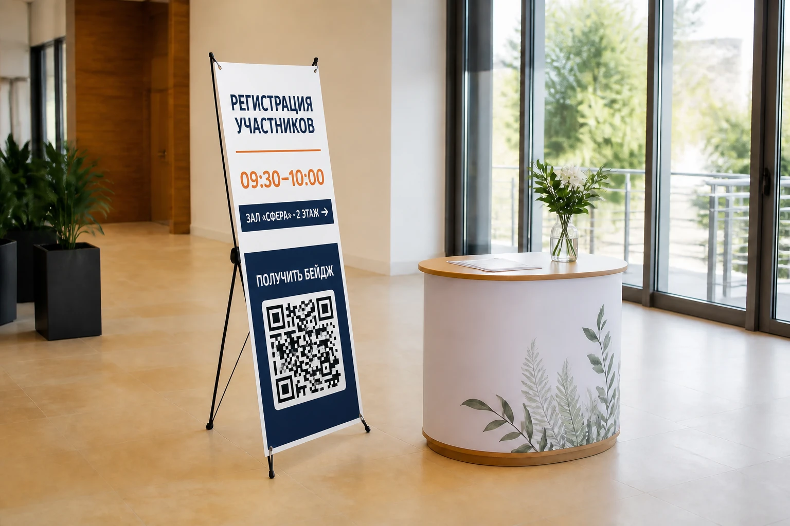 Фирменный стенд паук с программой и QR-кодом в зоне встречи участников; для заказа в Обнинске