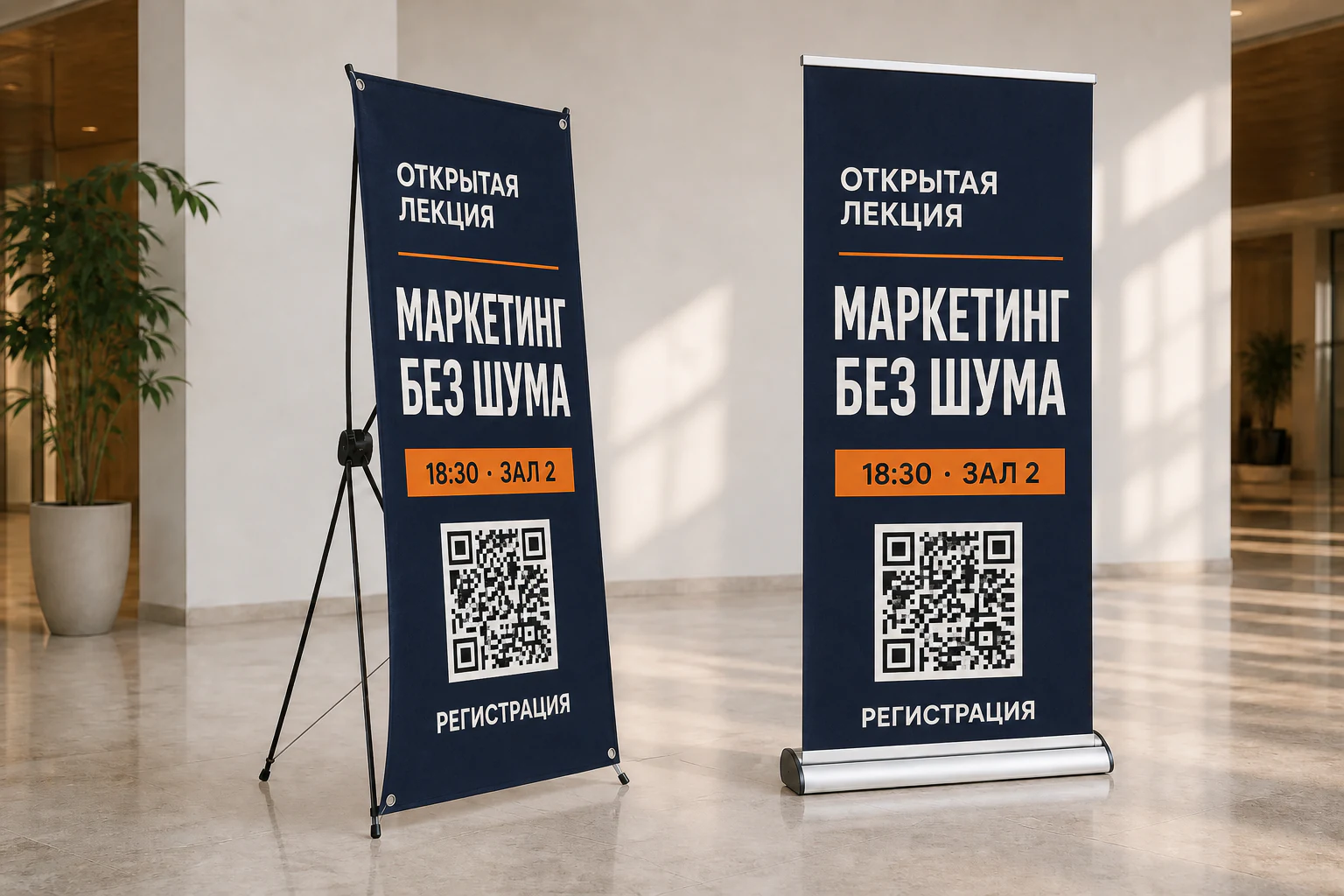 Стенд паук и Roll-up с одинаковым макетом делового мероприятия; для заказа в Обнинске