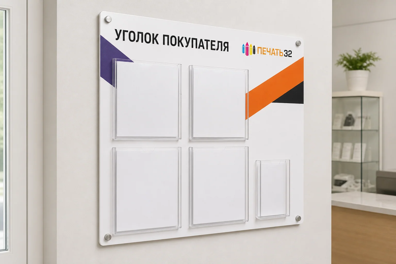 Уголок покупателя из ПВХ с прозрачными карманами; для заказа в Обнинске