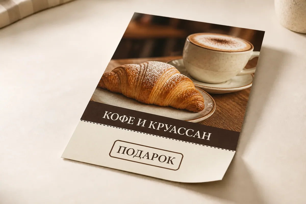 Листовка кафе формата A5 с профессиональной перфорацией и отрывным купоном; для заказа в Обнинске