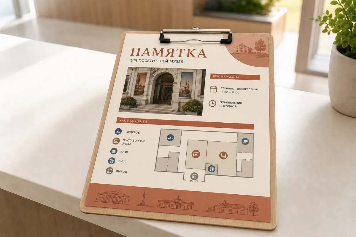 Памятка для посетителей музея формата A4 со схемой и режимом работы; для заказа в Обнинске