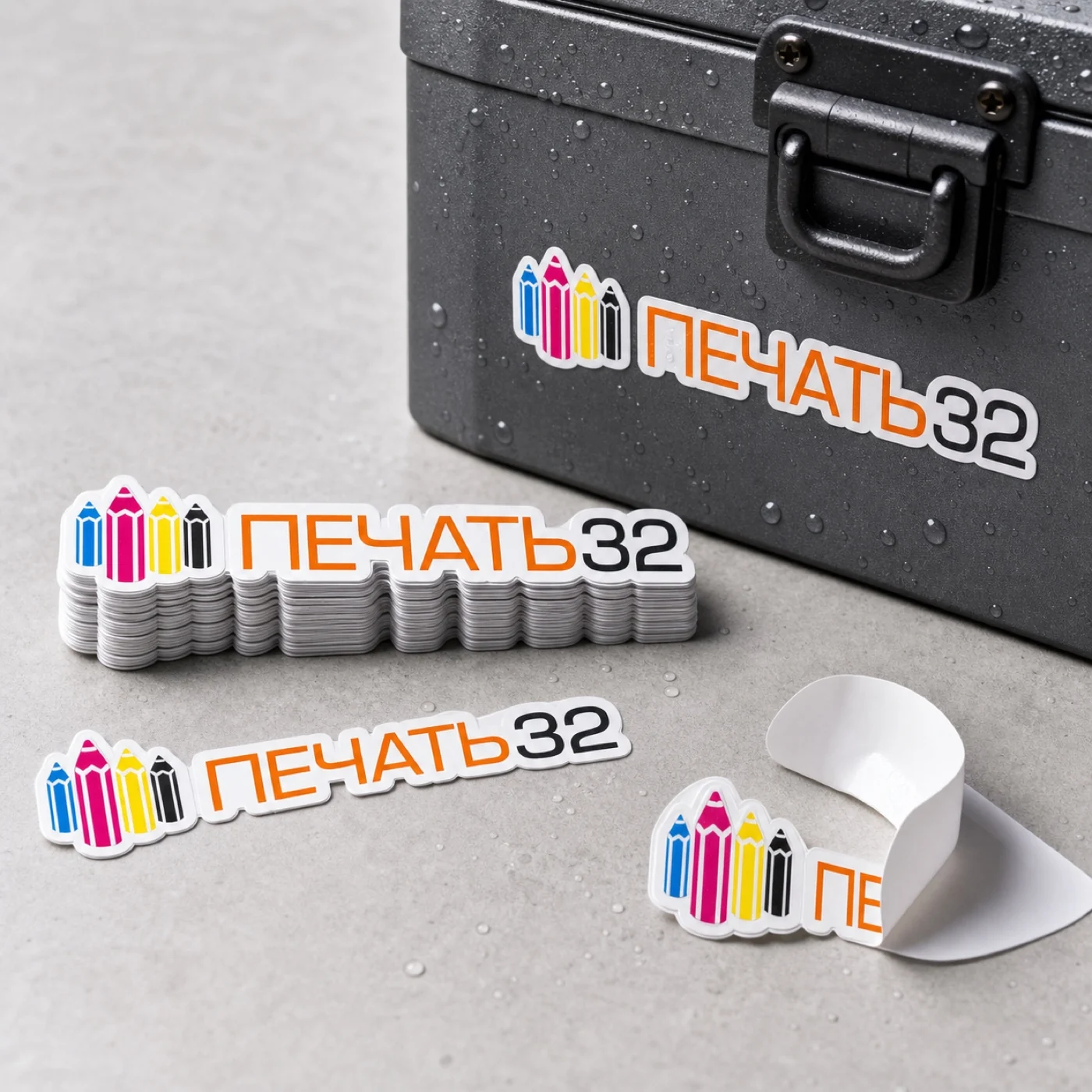 ПЕЧАТЬ32 — Виниловые наклейки; Виниловые фигурные наклейки на белой плёнке ПЕЧАТЬ32, образец смежной услуги, кадр 2, получение в Обнинске, «Стикеры и стикерпаки»